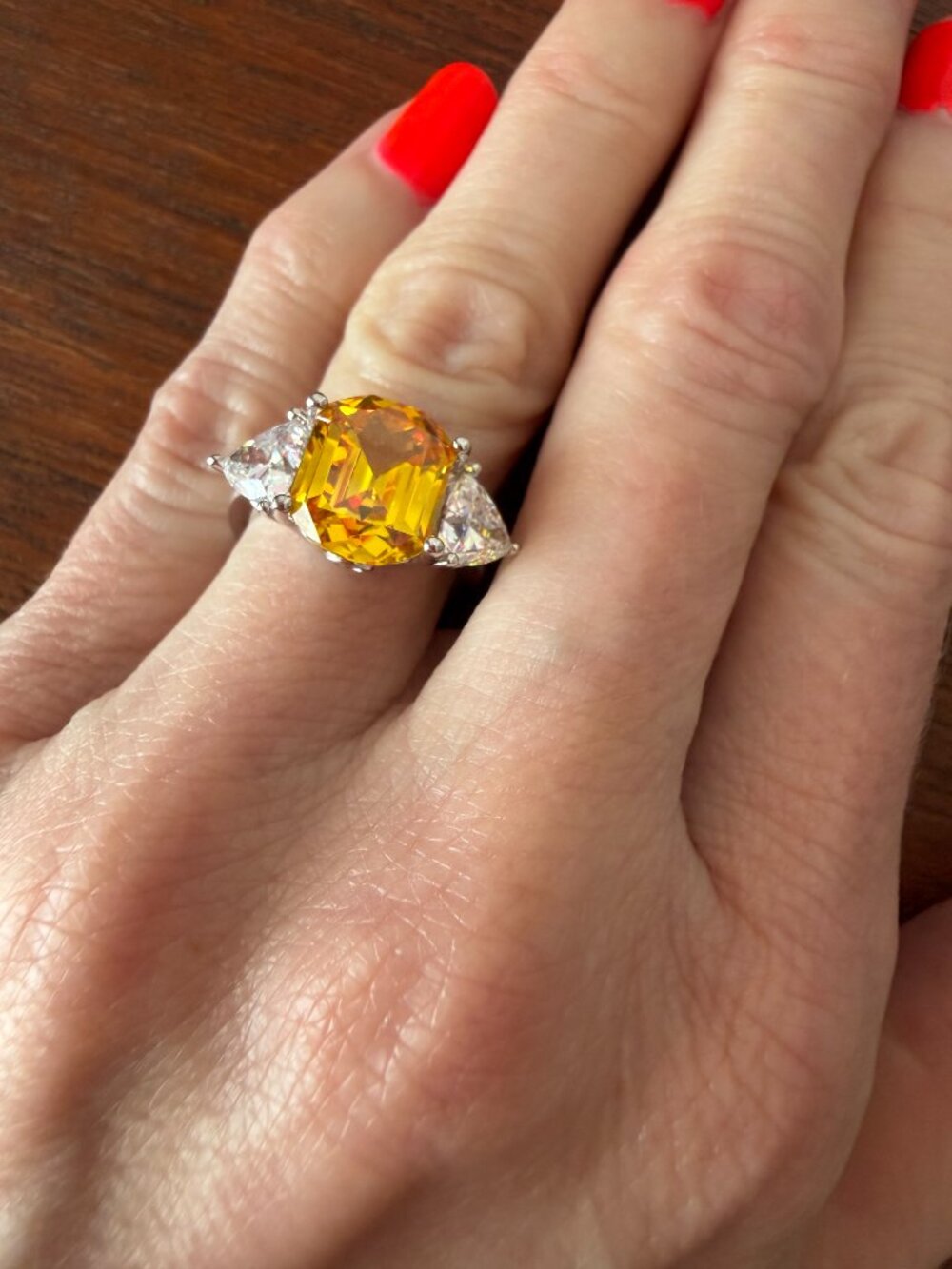 Radiance by Absolute Cushion-Cut Canary Yellow Triangular Sides Three-Stone Ring